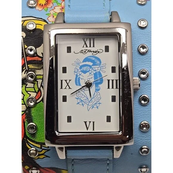 Womens Ed Hardy Swarovski Crystal Geisha Cuff Watch Blue Leather New Battery - Picture 4 of 11